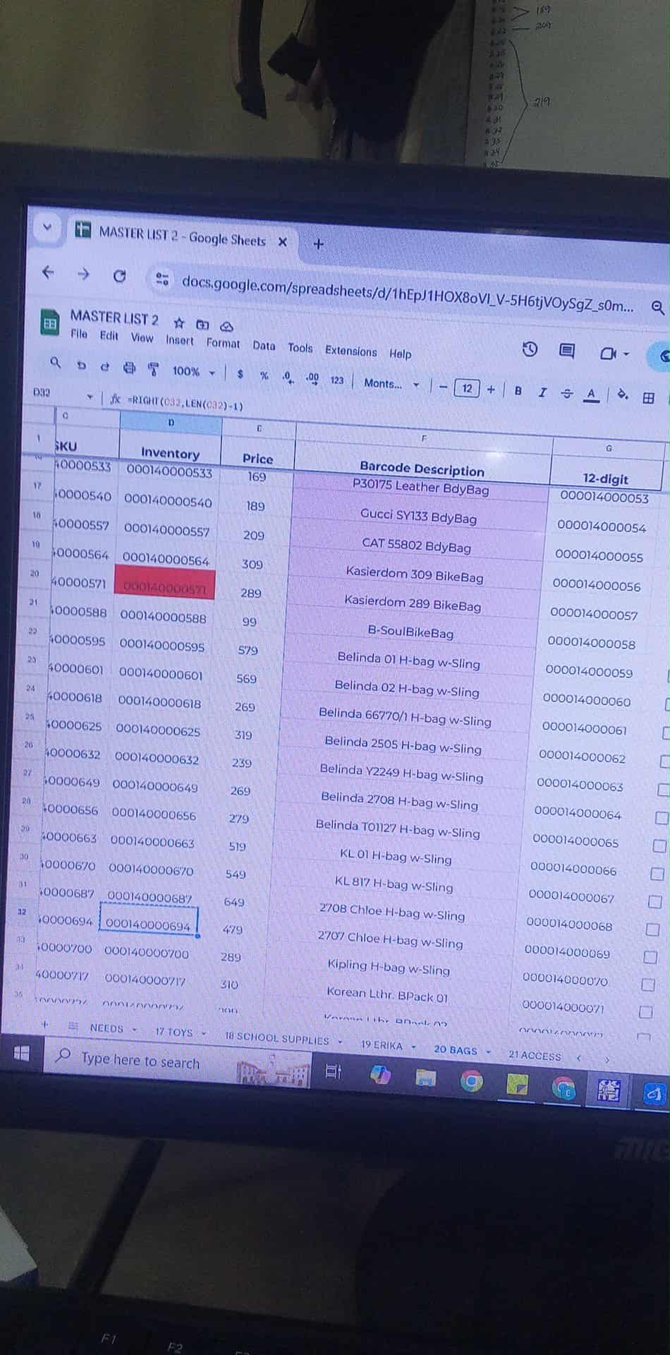 Product inventory and barcode data being verified in a spreadsheet